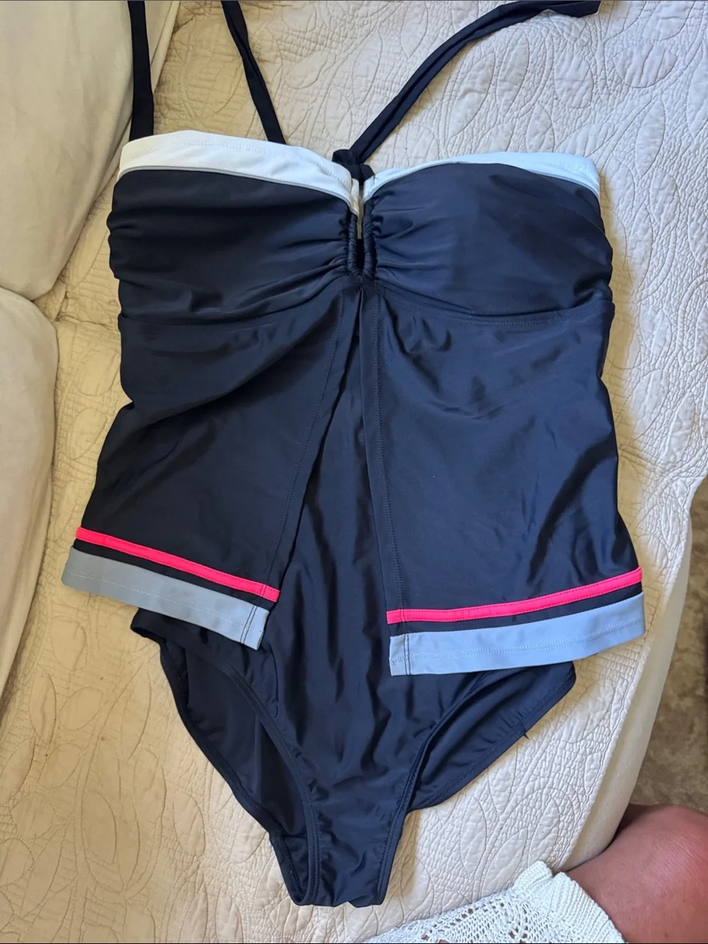 Jones New York Navy One-Piece Swimsuit with White, Gray and Pink Accents